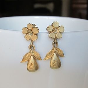 Gold-Tone Flower & Pear Dangle Earrings NWOT